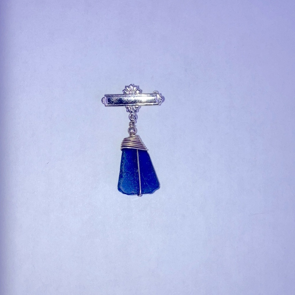 Blue sea glass pin, silver wire wrapped